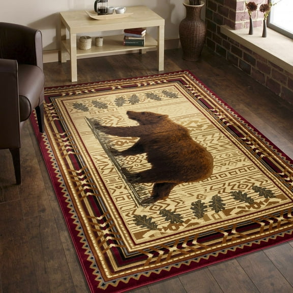 Nature's Nest GC_CBL3007 Multi Lodge Area Rug, Rustic Lodge Log Cabin Bear and Cub Area Rug, Bear Area Rug for Home Office