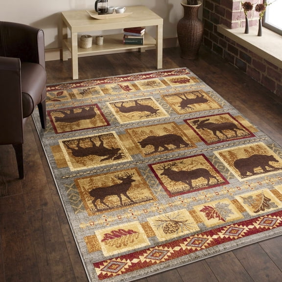 Nature's Nest Lodge Area Rug, Rustic Farmhouse Living Room Rugs, Country Woodland Floor Mat, Deer Lodge Cabin New Area Rug