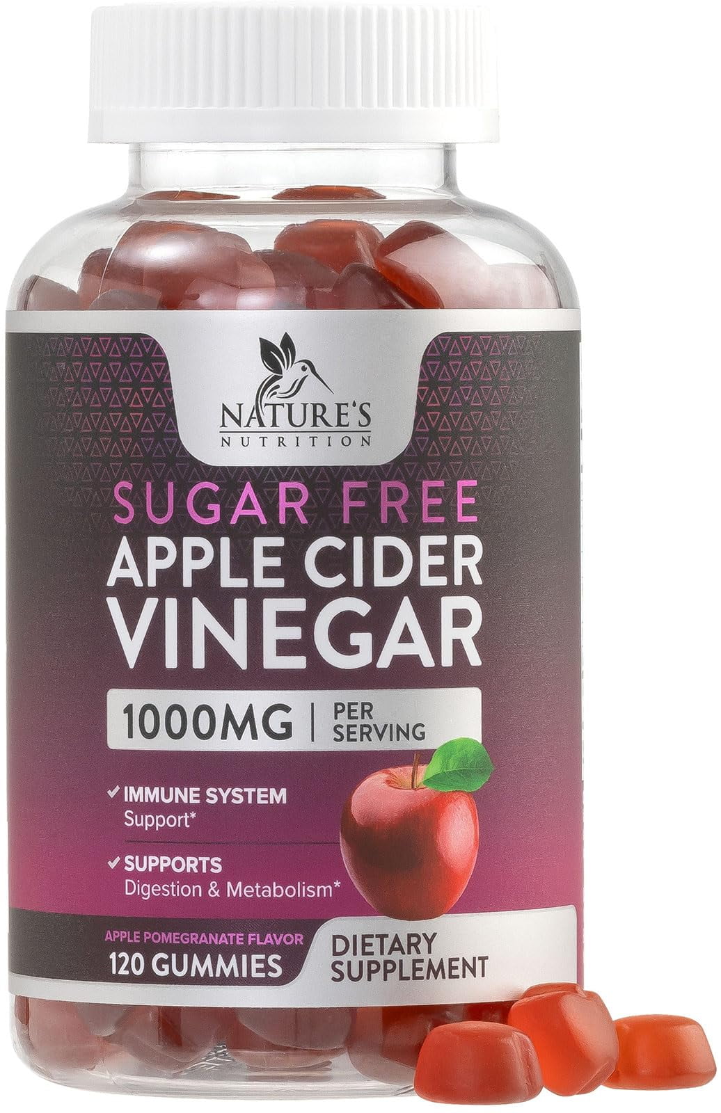 Nature's Nutrition Apple Vinegar Gummy for Weight Loss 1000mg - Vegan Apple Cider Vinegar Gummies for Detox & Cleanse, ACV Supplement Pills, Vitamin B12, Sugar Free ACV Gummy, Non-GMO - 120 Gummies