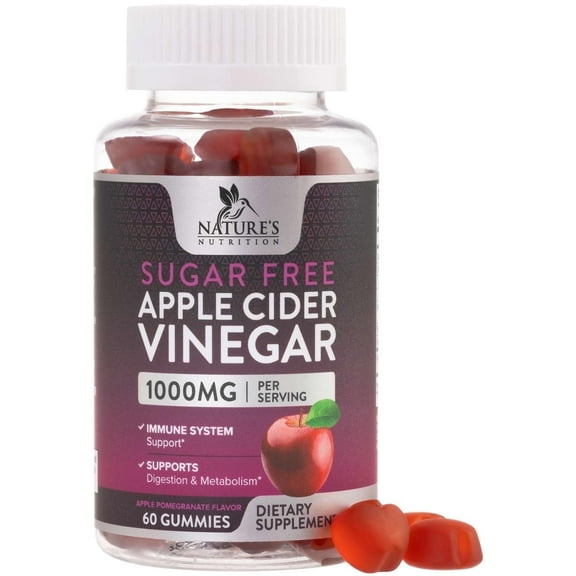 Apple Cider Vinegar Gummies for Weight Loss 1000mg - Vegan Apple Vinegar Gummy for Detox & Cleanse, ACV Supplement Pills, Vitamin B12, Sugar Free ACV Gummy, Non-GMO, Nature's Nutrition - 60 Gummies