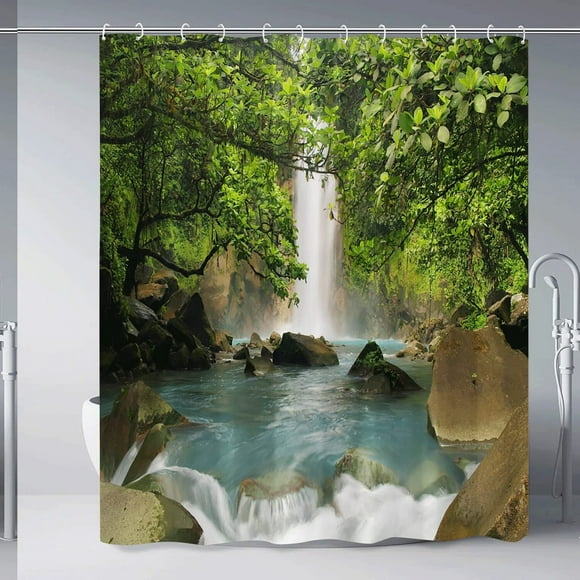 Nature's Oasis Forest Waterfall Shower Curtain - Tropical Rainforest Jungle Scenery, Green Trees, Spring Nature Bathroom Decor, Polyester Fabric with Hooks, 70Wx70H Inch