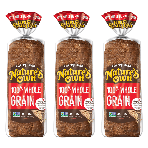 Nature's Own 100% Whole Grain Sliced Sandwich Bread, 20 oz Loaf-Pack Of 3