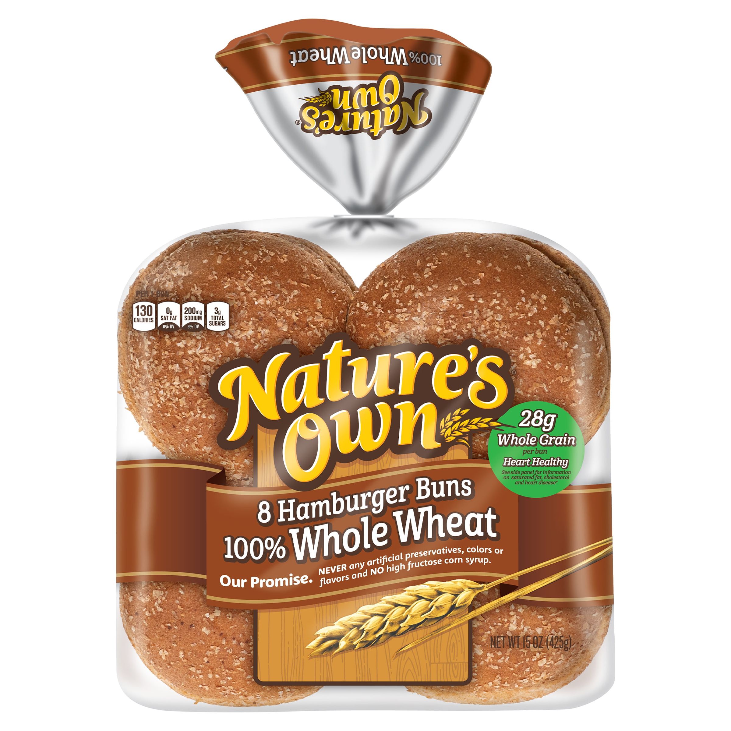 Nature's Own 100% Whole Wheat Hamburger Buns, 15 oz, 8 Count - image 1 of 10