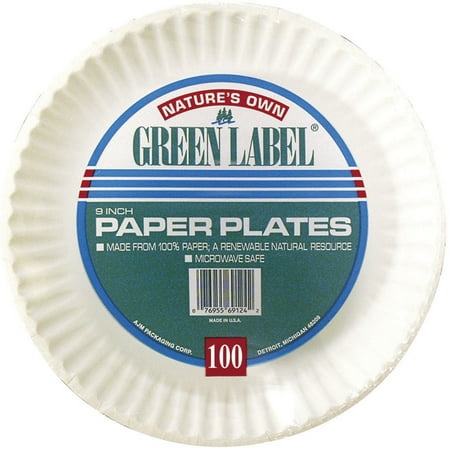 Nature's Own Green Label Paper Plates, 9", White, 100 Ct