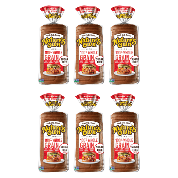 Nature's Own Life Sugar-Free 100% Whole Grain Bread Loaf, 16 oz, (Pack of 6)