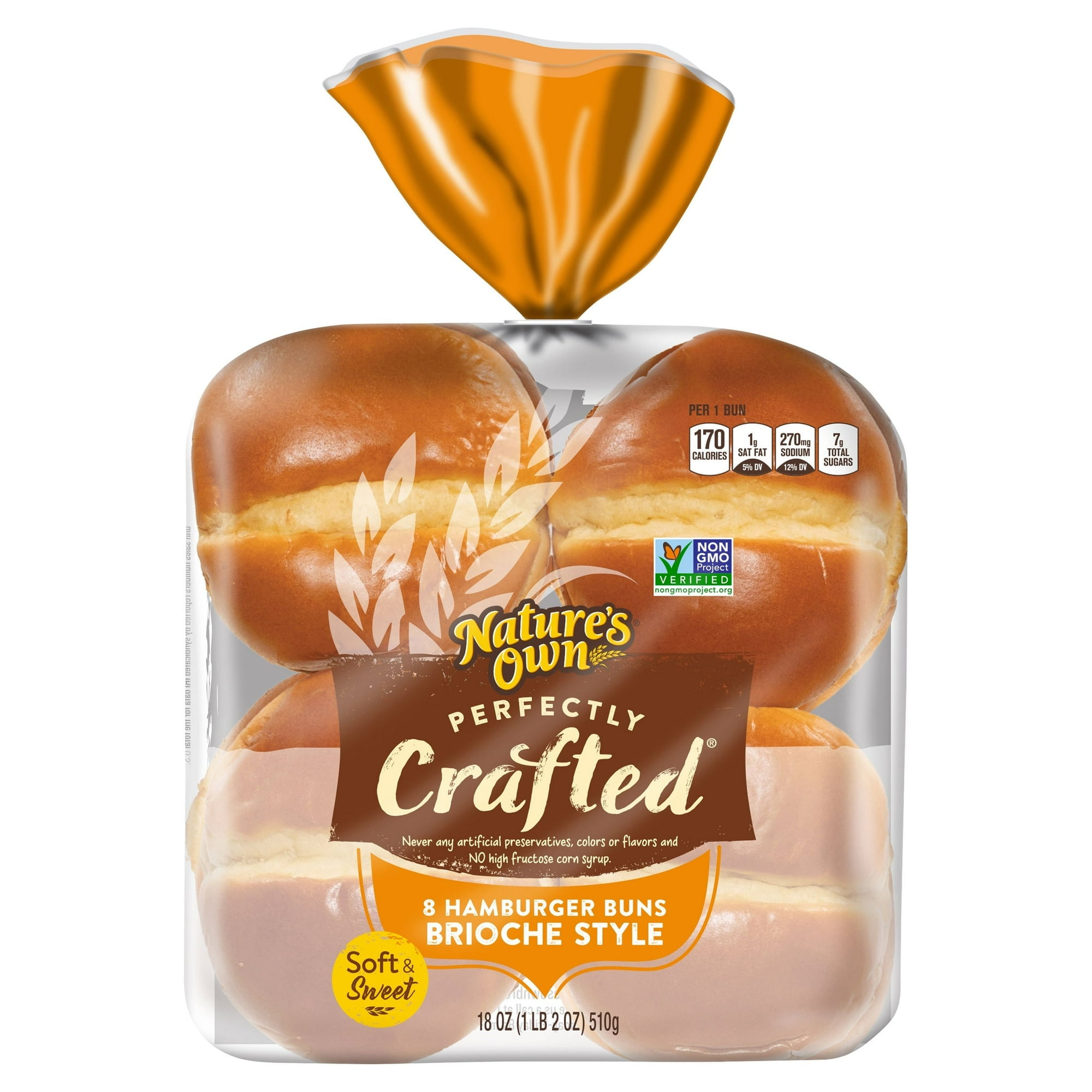 Nature's Own Perfectly Crafted Brioche Style Hamburger Buns, 8 Count, 18 Ounce (Pack of 2)