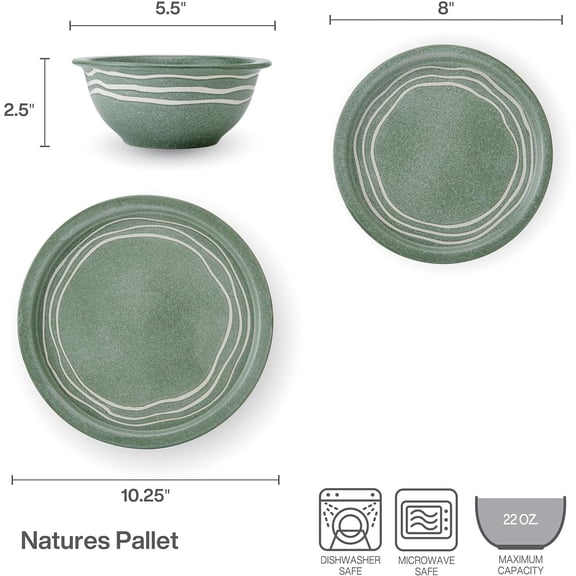 Nature's Pallet 12-Piece Stoneware Dinnerware Set, Service for 4, Green Modern Style High Rims