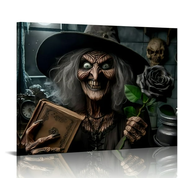 Vintage Halloween Witch Canvas Wall Art Painting ,Gothic Print Pictures for Home Wall Decor Retro Horror Creepy Dark Posters for Living Room Bedroom Bar Home Halloween Party Decor Framed 