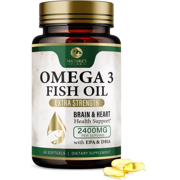 Omega 3 Fish Oil Pills 2400mg - Triple Strength Omega 3 Fish Oil Supplements - Best EPA & DHA Fatty Acids for Brain & Heart Health Support, Nature's Omega3 Supplement, 30 Day Supply - 60 Softgels