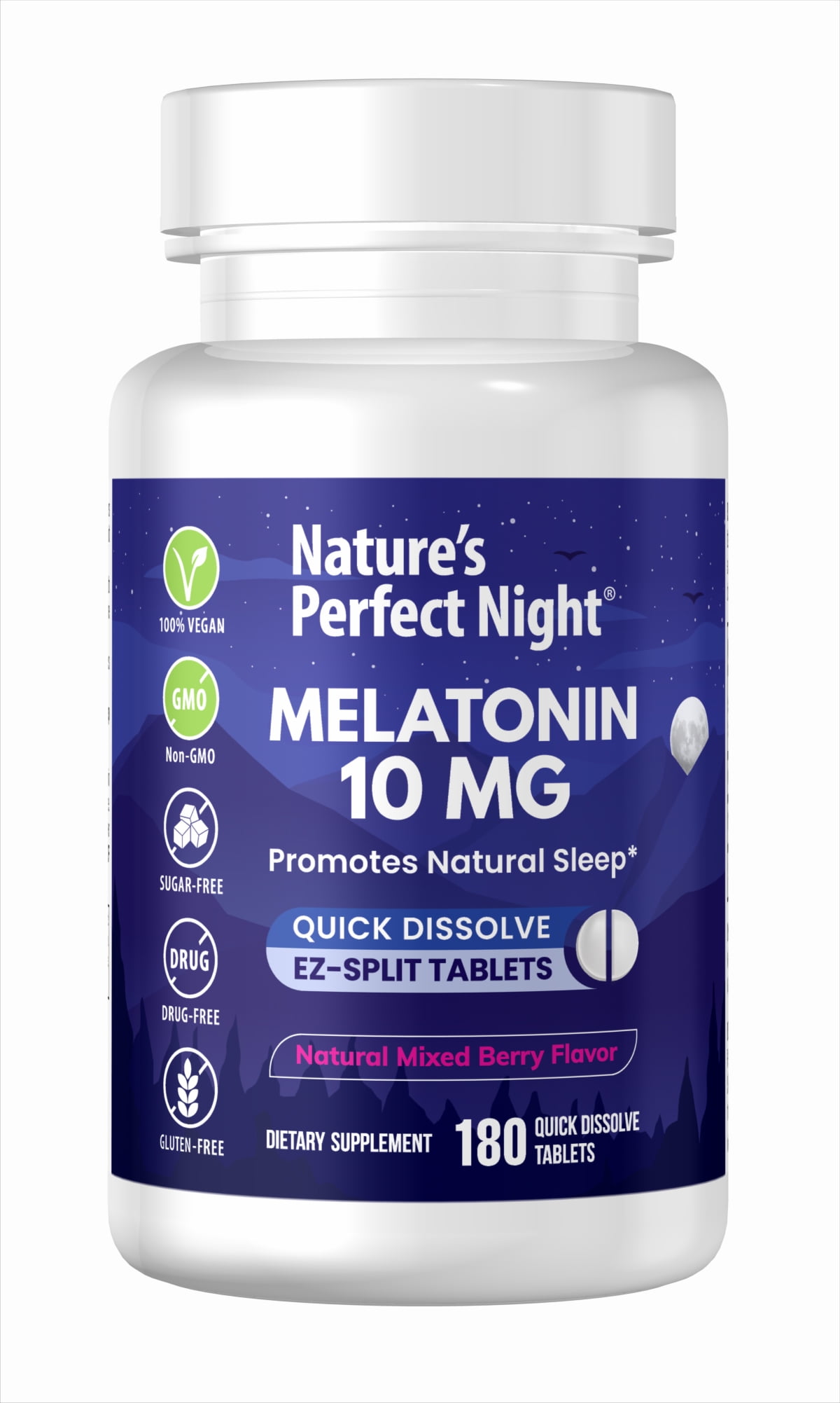 Nature's Perfect Night, Melatonin 10mg Supplement, 180 Fast Dissolve Tablets, Natural Berry Flavor