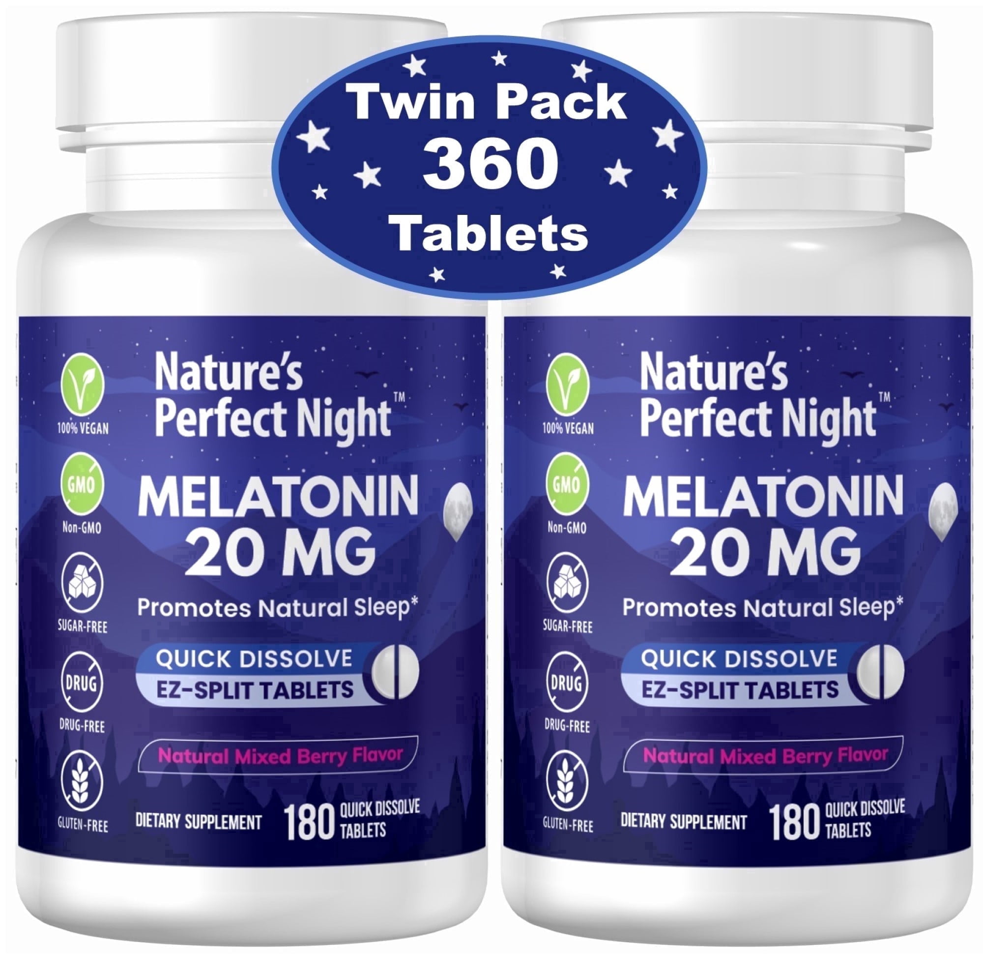Nature's Perfect Night, Melatonin 20mg Supplement, 180 Fast Dissolve Tablets, Natural Berry Flavor 2-Pack