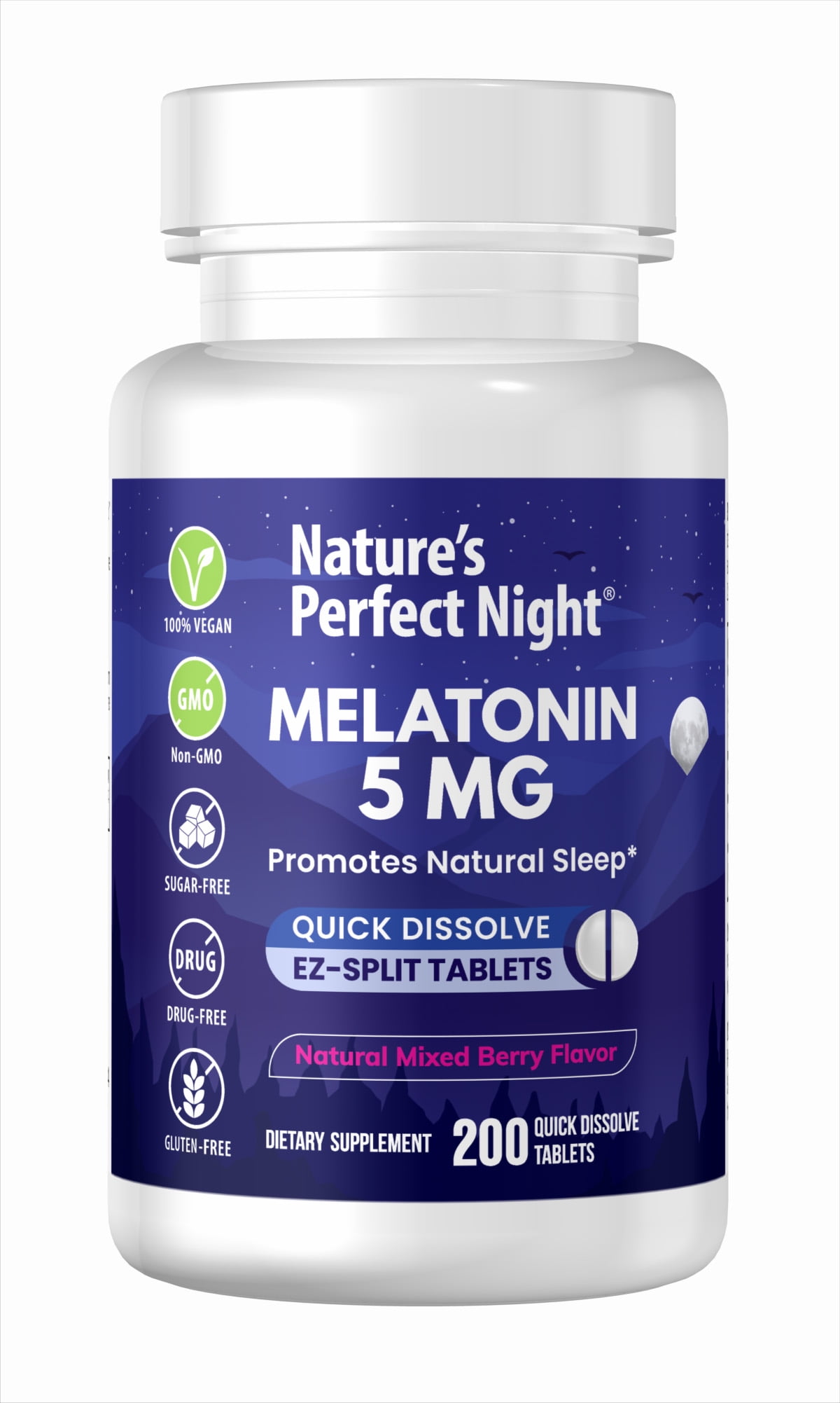 Nature's Perfect Night, Melatonin 5mg Supplement, 200 Quick Dissolve Tablets, Natural Berry Flavor