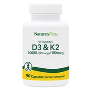 NaturesPlus Vitamins D3 (1000 IU) & K2 (100 mcg) - 90 Capsules, 90 Servings