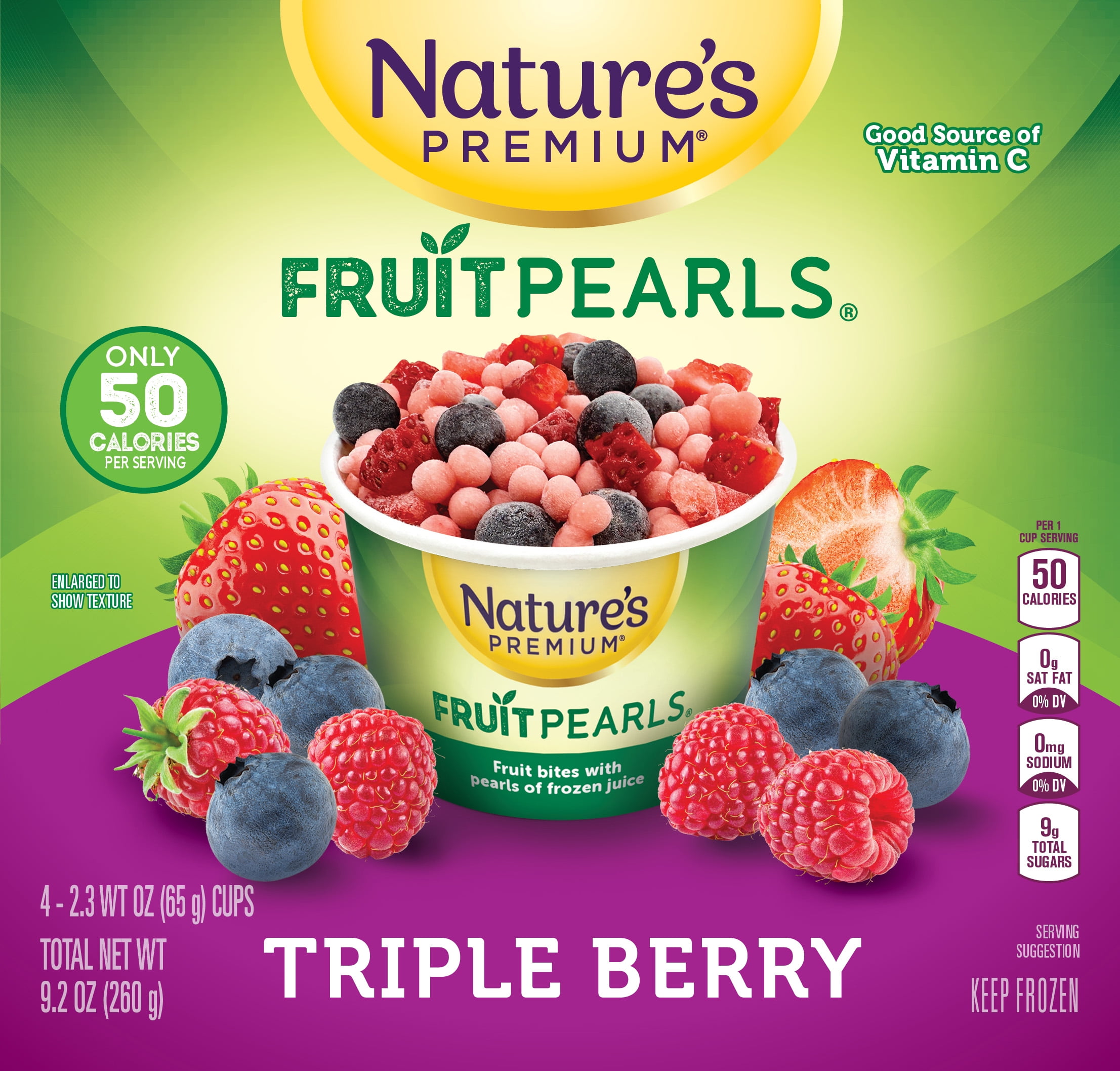 Nature's Premium Fruit Pearls, Frozen Fruit Snack, Triple Berry, 2.3 oz Cups, 4 Count Box