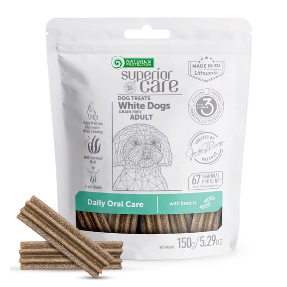 Nature's Protection Superior Care Dog Treat Sticks for Oral Care, Adult White Coat Dogs, Insect, 5.29oz