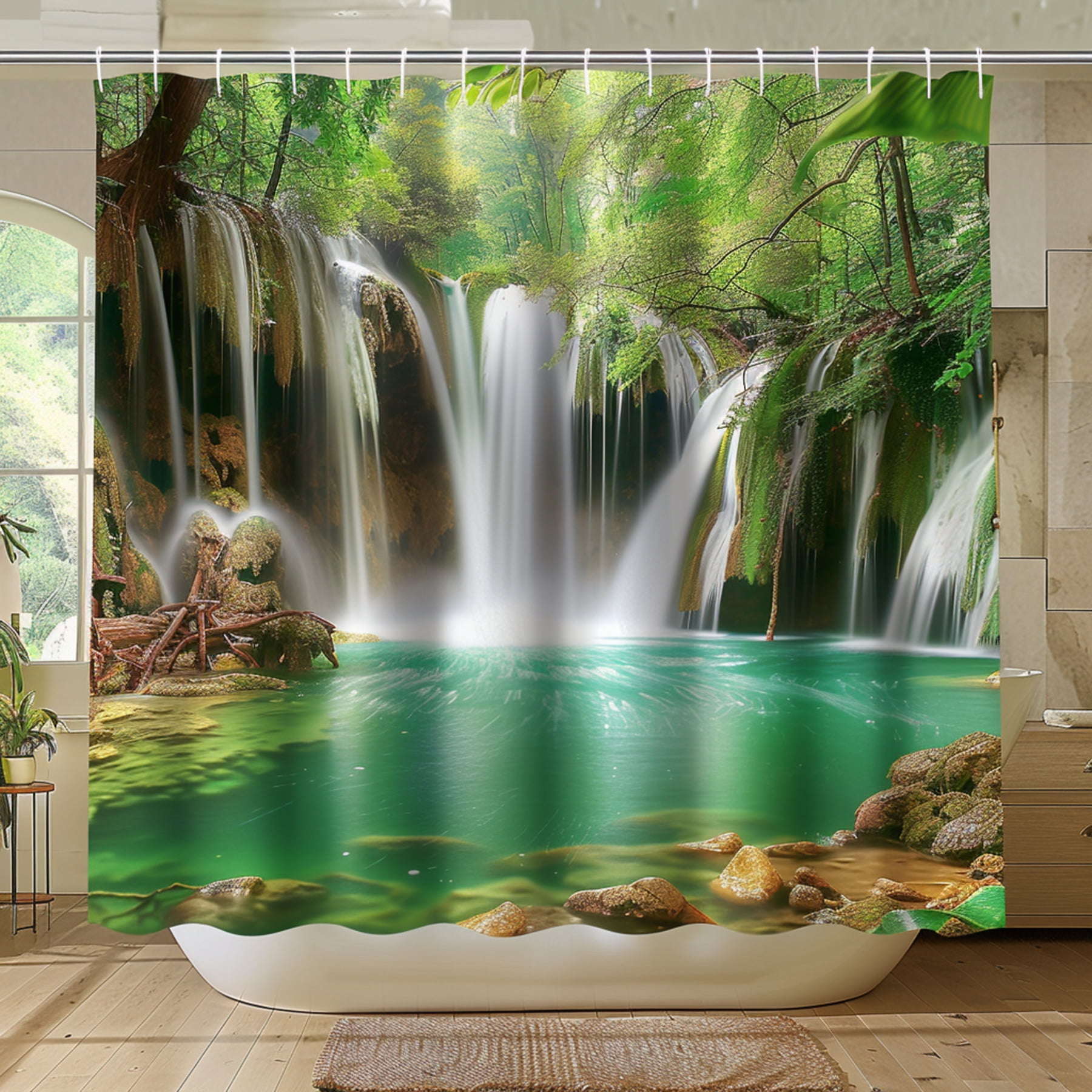 Nature's Serenity Hyperrealistic Waterfall Shower Curtain with Green