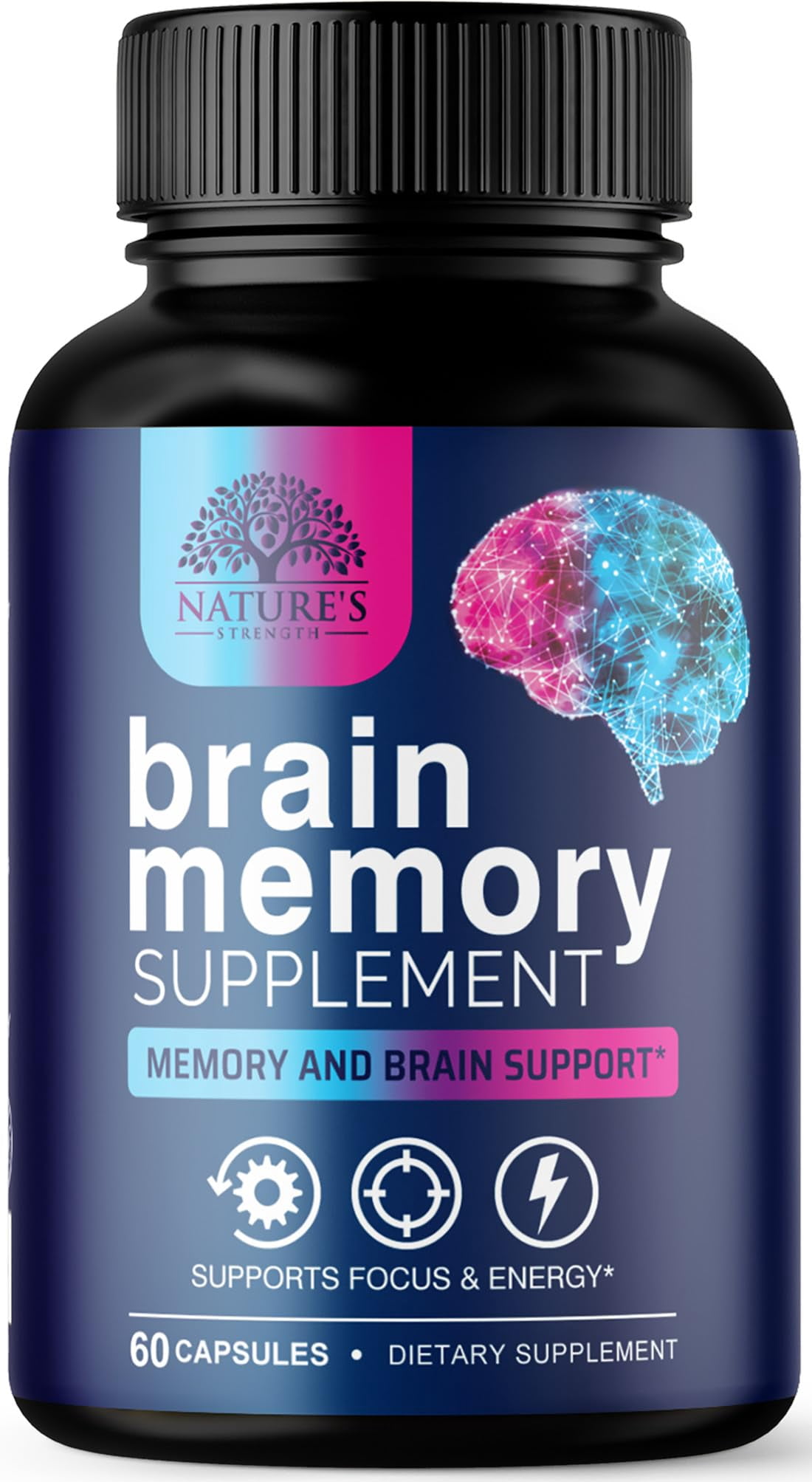 Nature's Strength Brain Supplements for Memory and Focus - Cognitive Vitamins to Support Concentration, Energy, Clarity - Brain Health - Bacopa Phosphatidylserine DMAE - 60 Capsules