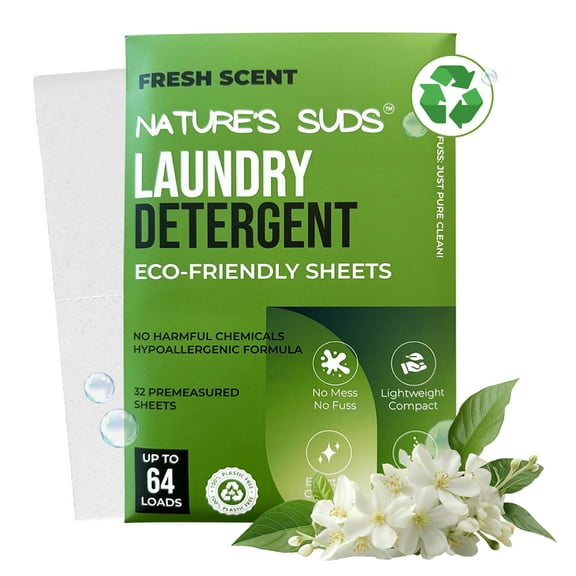 Natures Suds Eco-Friendly Laundry Detergent Sheets (64 Loads), Hypoallergenic & Ultra-Concentrated Clothes Washing Sheets, Plastic-Free, Fresh Linen Scent, Travel-Size Laundry Detergent