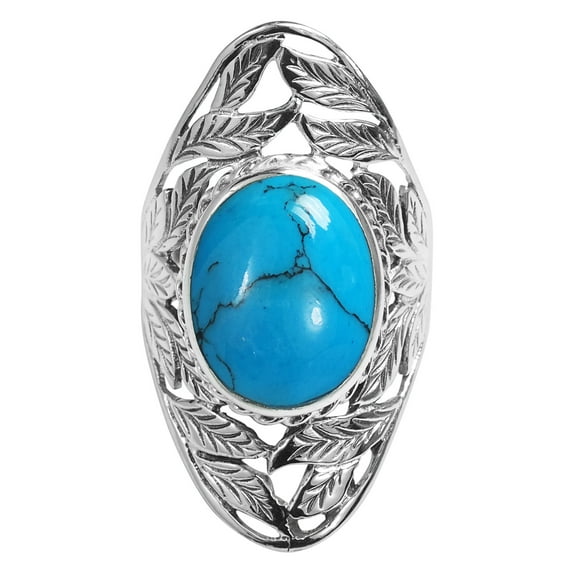 Nature's Treasure Oval Blue Turquoise Inlay Sterling Silver Ring-7