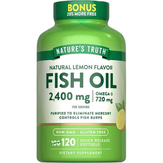 Fish Oil 2400mg | 120 Softgels | 720 mg Omega 3 | Burpless Lemon Flavor Pills | by Nature's Truth