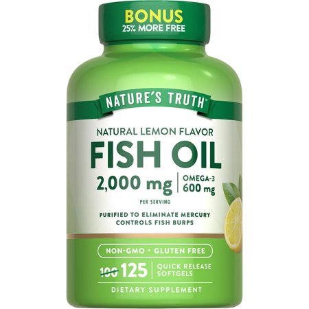 Omega 3 Fish Oil 2000 mg | 125 Liquid Softgels | Burpless, Lemon Flavor Pills | Non-GMO, Gluten Free Supplement | By Nature's Truth