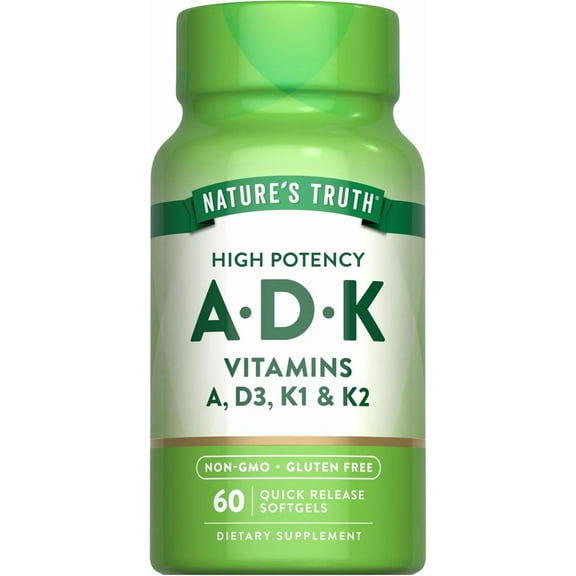 Vitamin A D K Supplement | 60 Softgels | Non-GMO & Gluten Free | A, D3, K1 & K2 | by Nature's Truth