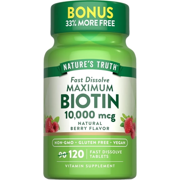 Biotin 10000mcg | 120 Fast Dissolve Tablets | Maximum Strength | Hair Skin and Nails Supplement | Berry Flavor | by Nature's Truth