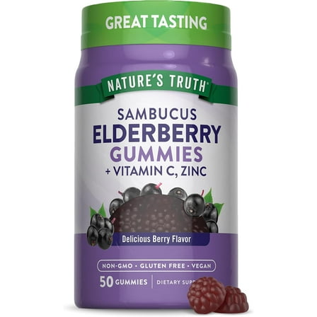 Sambucus Black Elderberry Gummies | 50 Count | With Vitamin C and Zinc | Berry Flavor | Vegan, Non-GMO, Gluten Free | Extract Gummies for Adults | by Nature's Truth