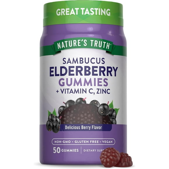 Sambucus Black Elderberry Gummies | 50 Count | With Vitamin C and Zinc | Berry Flavor | Vegan, Non-GMO, Gluten Free | Extract Gummies for Adults | by Nature's Truth