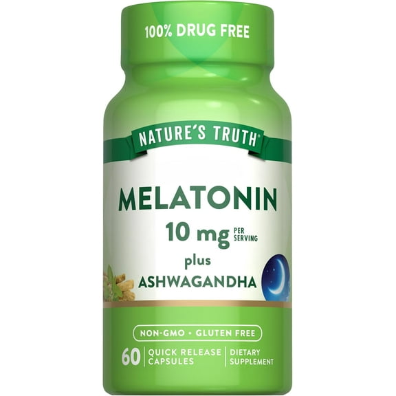 Melatonin 10mg with Ashwagandha | 60 Capsules | Non-GMO & Gluten Free Supplement for Adults | by Nature's Truth