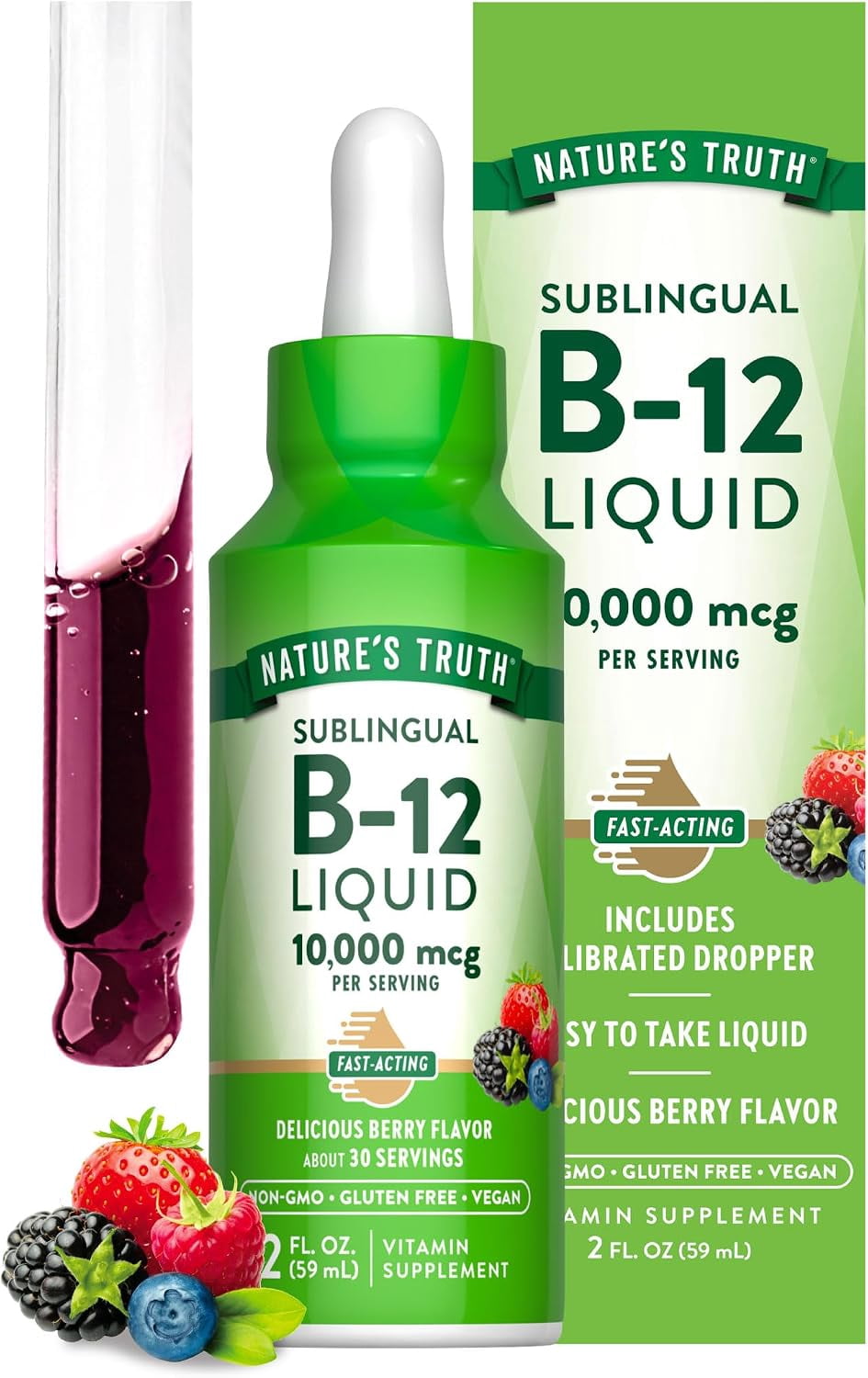 B12 Sublingual Liquid Drops | 10,000 mcg | 2 fl oz | Berry Flavor | Fast Acting | by Nature's Truth