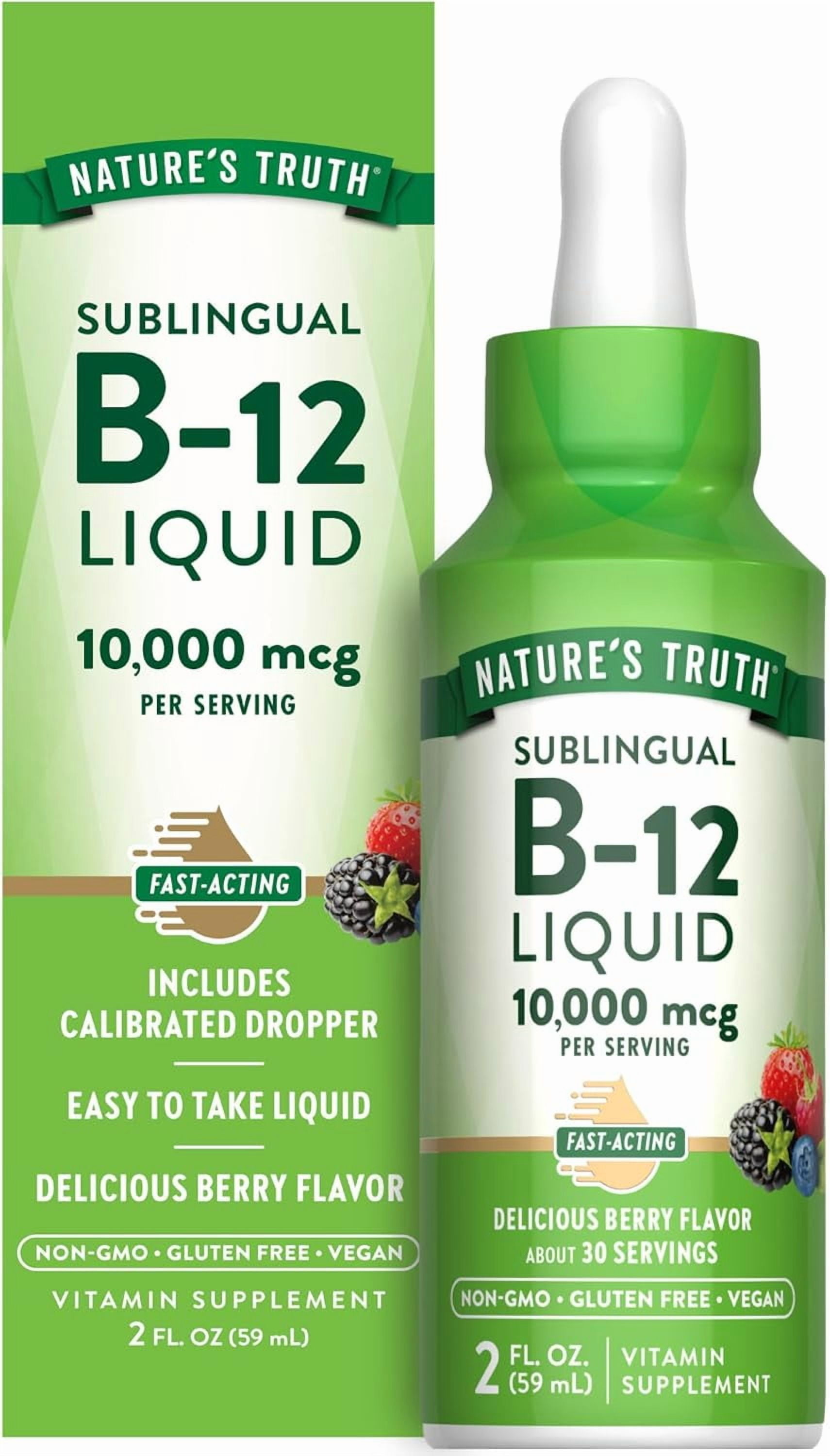 Nature's Truth B12 Sublingual Liquid Drops, 10,000 mcg, 2 oz, Berry Flavor,  Vegan