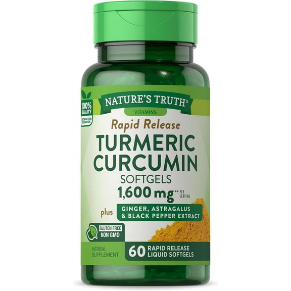 Nature's Truth Turmeric Curcumin 1600mg | 60 Softgel Capsules | with Ginger, Astragalus, & Black Pepper Extract | Non-GMO & Gluten Free Supplement