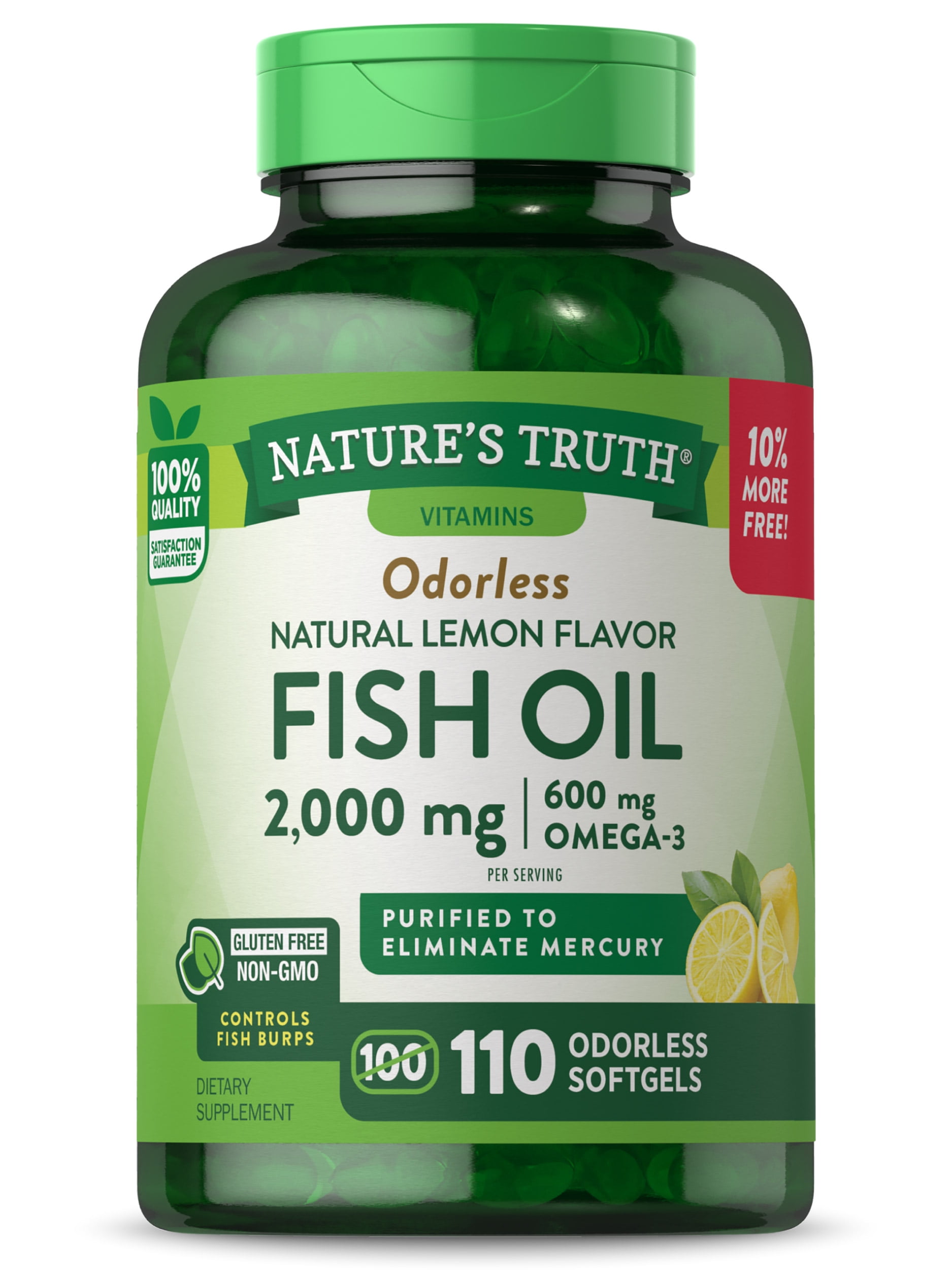 Odorless Fish Oil 2000mg | 110 Liquid Softgels | Omega 3, Burpless Supplement | by Nature's Truth