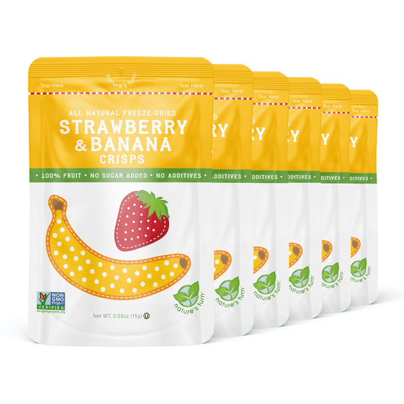 Natures Turn Freeze-Dried Strawberry and Banana Crisps, No Added Sugar, Healthy Natural Fruit Crisp Snack for School Lunches, 6 Pack (0.53 oz Each)