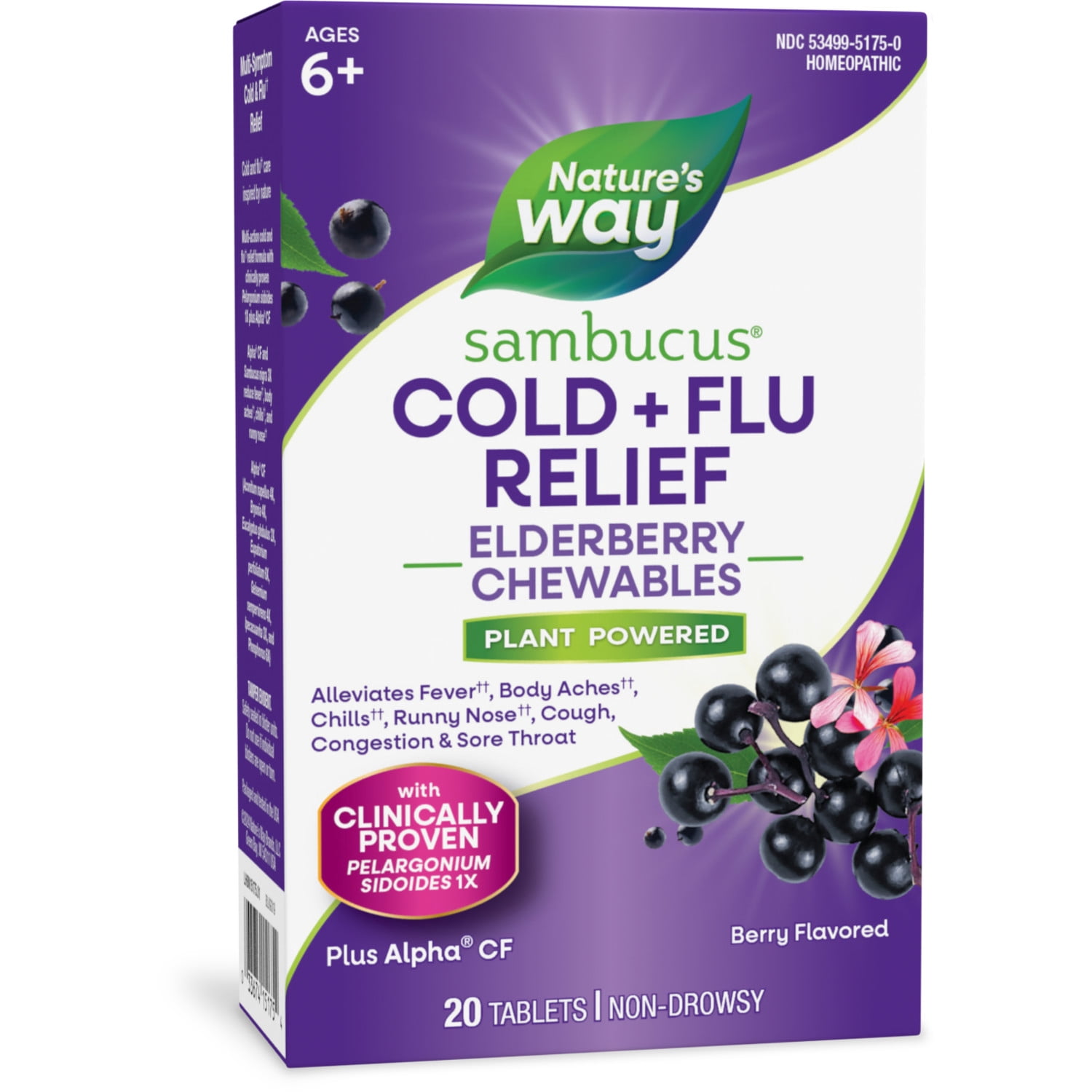 Nature’s Way Sambucus Cold + Flu Relief Elderberry Chewable Tablets, Berry Flavored, 20 Count