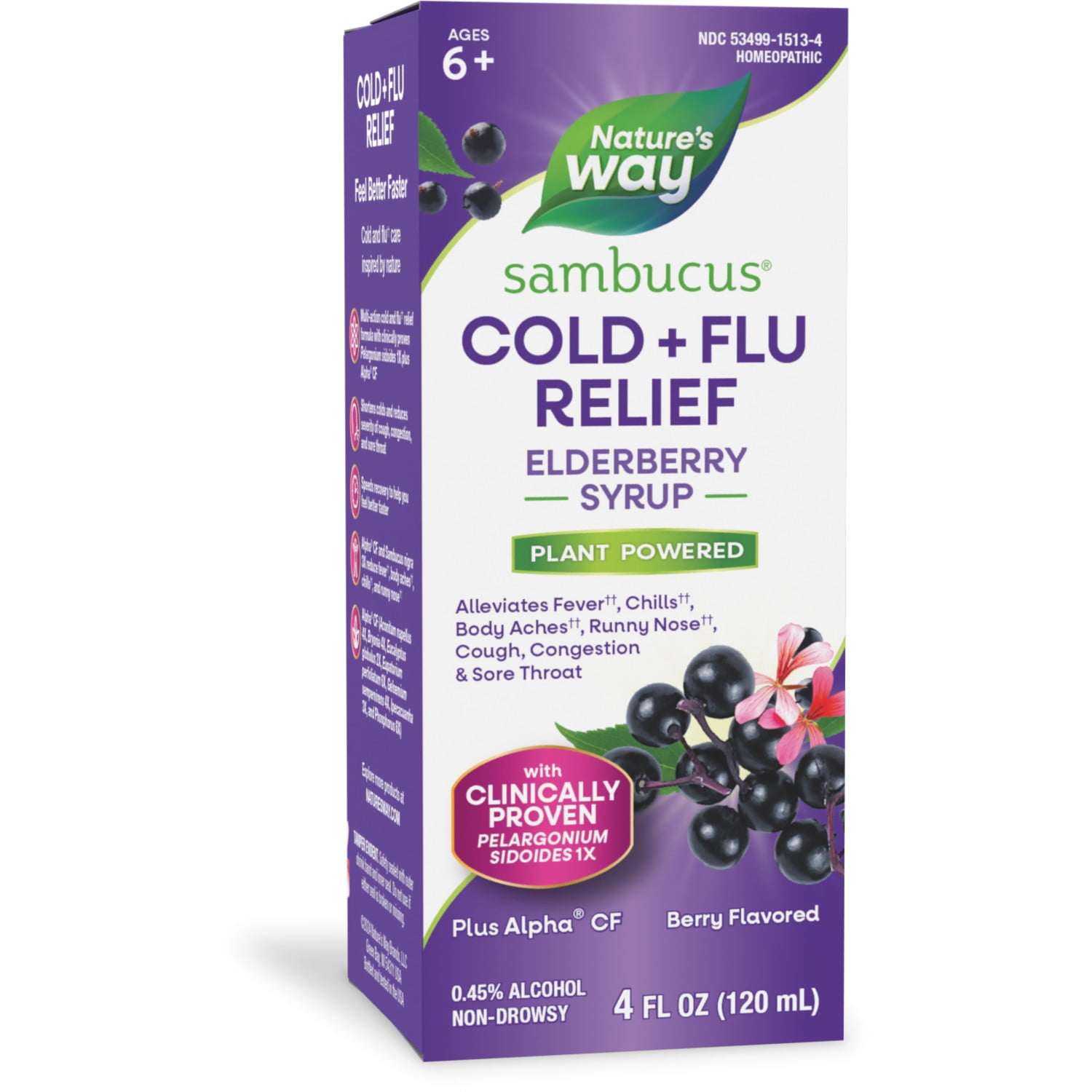 Nature's Way Sambucus Cold + Flu Relief Elderberry Syrup, Ages 6+, Berry Flavored, 4 Fl Oz