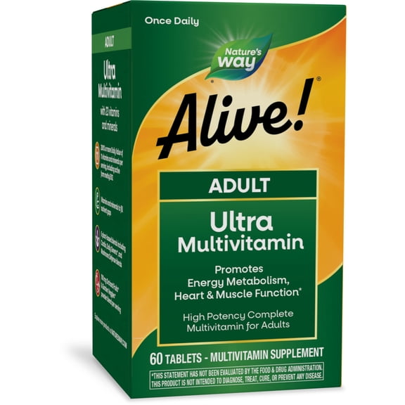 Nature's Way Alive! Adult Ultra Multivitamin Tablets, B-Vitamins Including Methylated B12, 60 Count