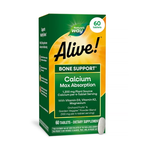 Nature's Way Alive! Calcium Max Absorption Tablets, Vitamin D3, Vitamin K2, Magnesium, 60 Count