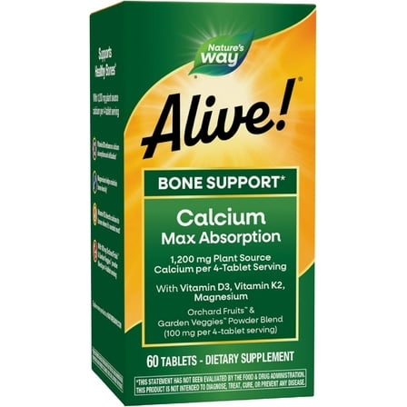 Nature’s Way Alive! Calcium Bone Support*, Max Absorption, Plant Source Calcium, 60 Tablets