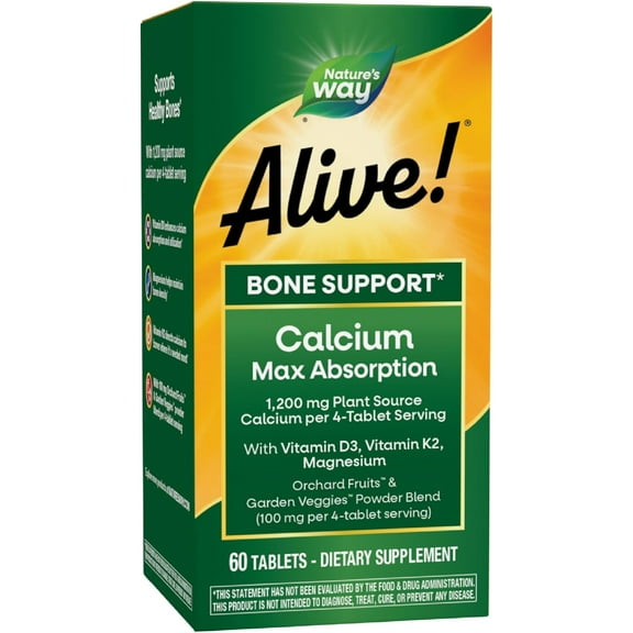 Nature’s Way Alive! Calcium Bone Support*, Max Absorption, Plant Source Calcium, 60 Tablets