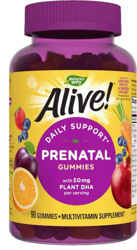 Natures Way Alive! Daily Support Prenatal Gummies, 50mg Plant-Based DHA per Serving, Vegetarian, 90 Gummies, Orange and Raspberry Lemonade Flavored
