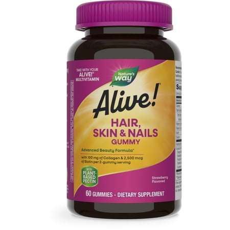 Nature's Way Alive! Hair Skin & Nails Biotin and Collagen Gummies, Strawberry Flavored, 60 Count