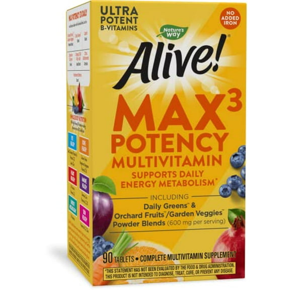 Nature's Way Alive! Max3 Potency Multivitamin, High Potency B-Vitamins, No Iron, 90 Tablets