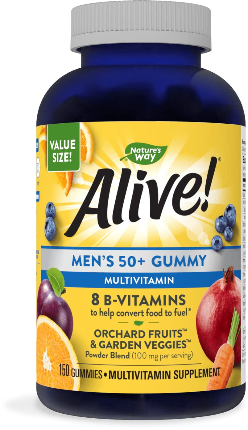 Nature's Way Alive! Men’s 50+ Daily Gummy Multivitamins, Supports Multiple Body Systems*, Supports Cellular Energy*, B-Vitamins, Gluten-Free, Vegetarian, Fruit Flavored, 150 Gummies