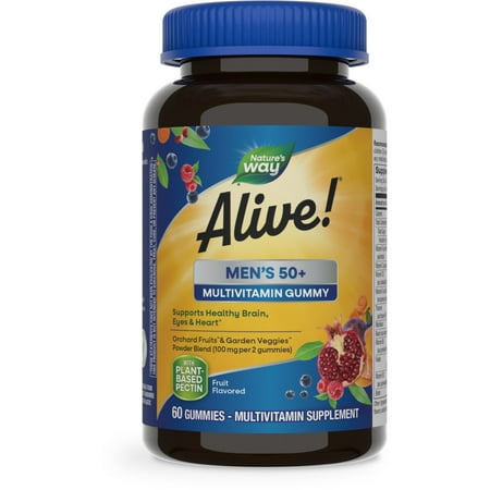 (2 pack) (2 pack) Alive! Men's 50+ Gummy Multivitamin Supplement with Orchard Fruits & Garden Veggies Powder Blend (100 mg per serving), 60 Gummies