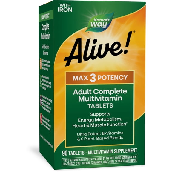 Nature's Way Alive! Max3 Potency Daily Multivitamin Tablets, Methylated B12 and Folate, 90 Count