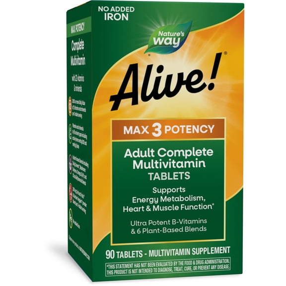 Natures Way Alive! Max3 Potency Multivitamin Tablets, No Iron, Energy Metabolism Support*, 90 Count