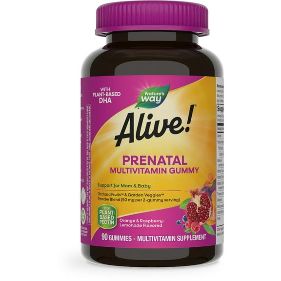 Natures Way Alive! Prenatal Multivitamin Gummy for Women, with Plant-Based DHA,  90ct