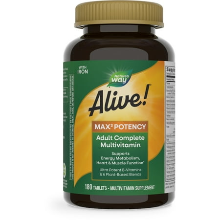 Alive! Max3 Daily Multivitamin Supplement with Iron, Max Potency, 180 Count